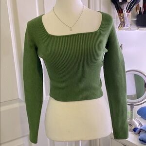 Green Ribbed Square Neck Sweater